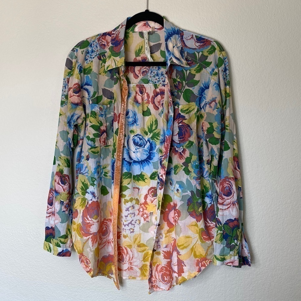 Aratta Silent Journey floral velvet blouse women’s small pockets sheer EUC